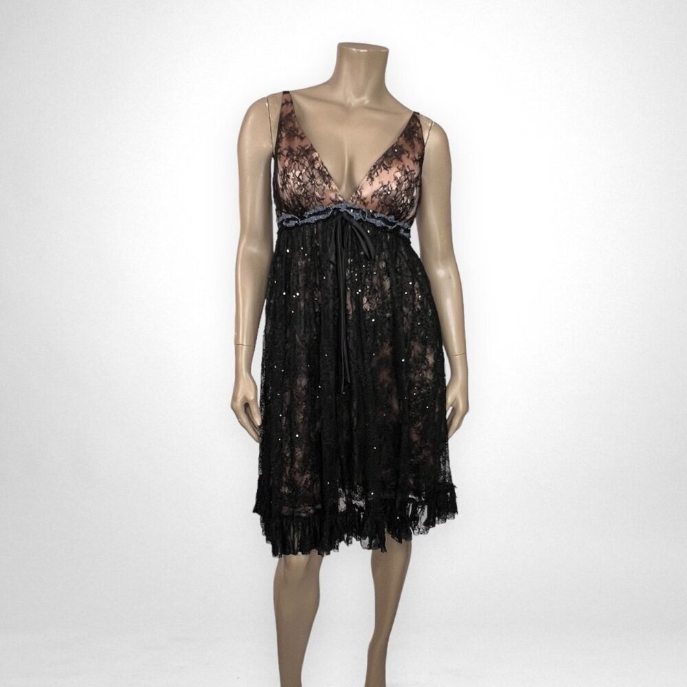 MARC‎ BOUWER Glamit! Black Lace Beaded Cocktail Dress Empire Waist 8